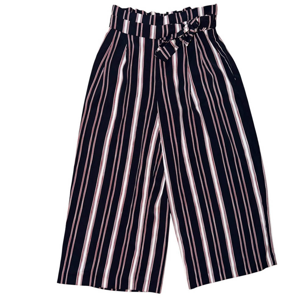 Zara Trafaluc Striped Paperbag Waist Wide Leg Cropped Pants Size S - Picture 2 of 7